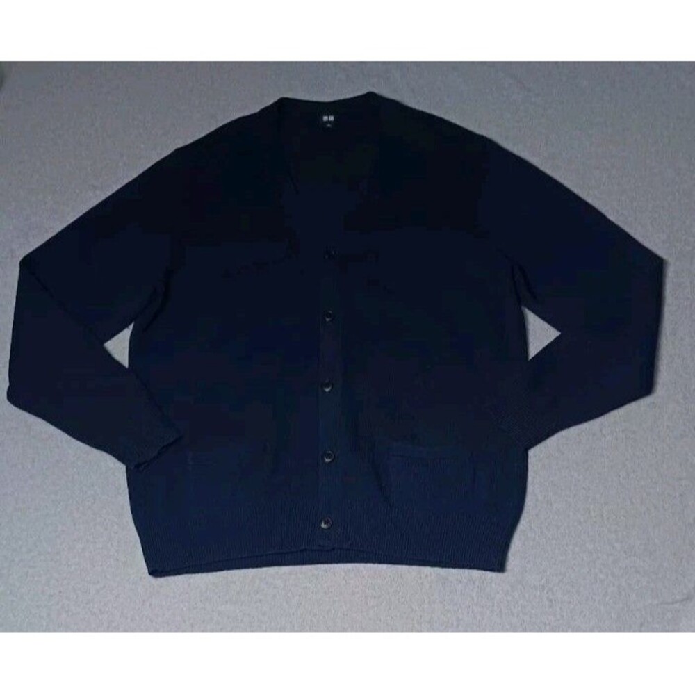 Uniqlo 100% Wool Vneck Cardigan Sweater Mens XL Navy Blue Preppy Jumper Grandpa